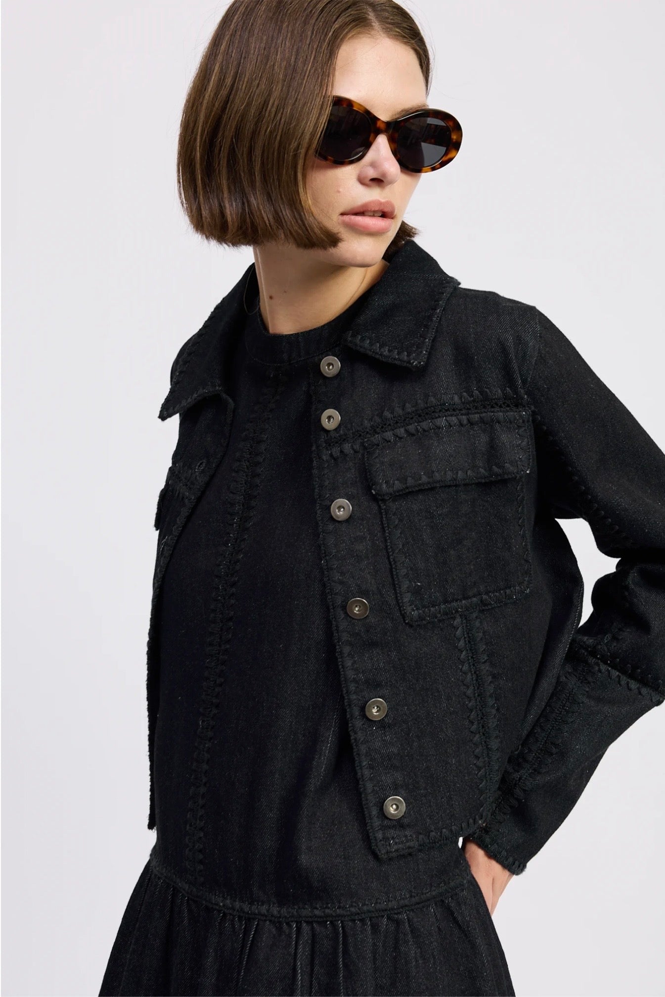 En Saison Black Embroidered Denim Jacket
