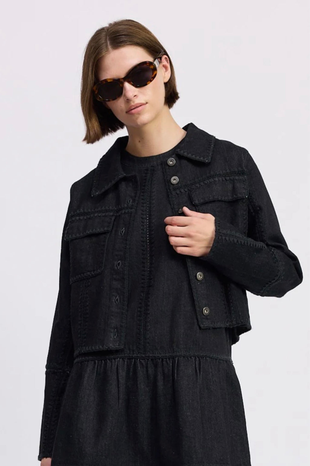 En Saison Black Embroidered Denim Jacket