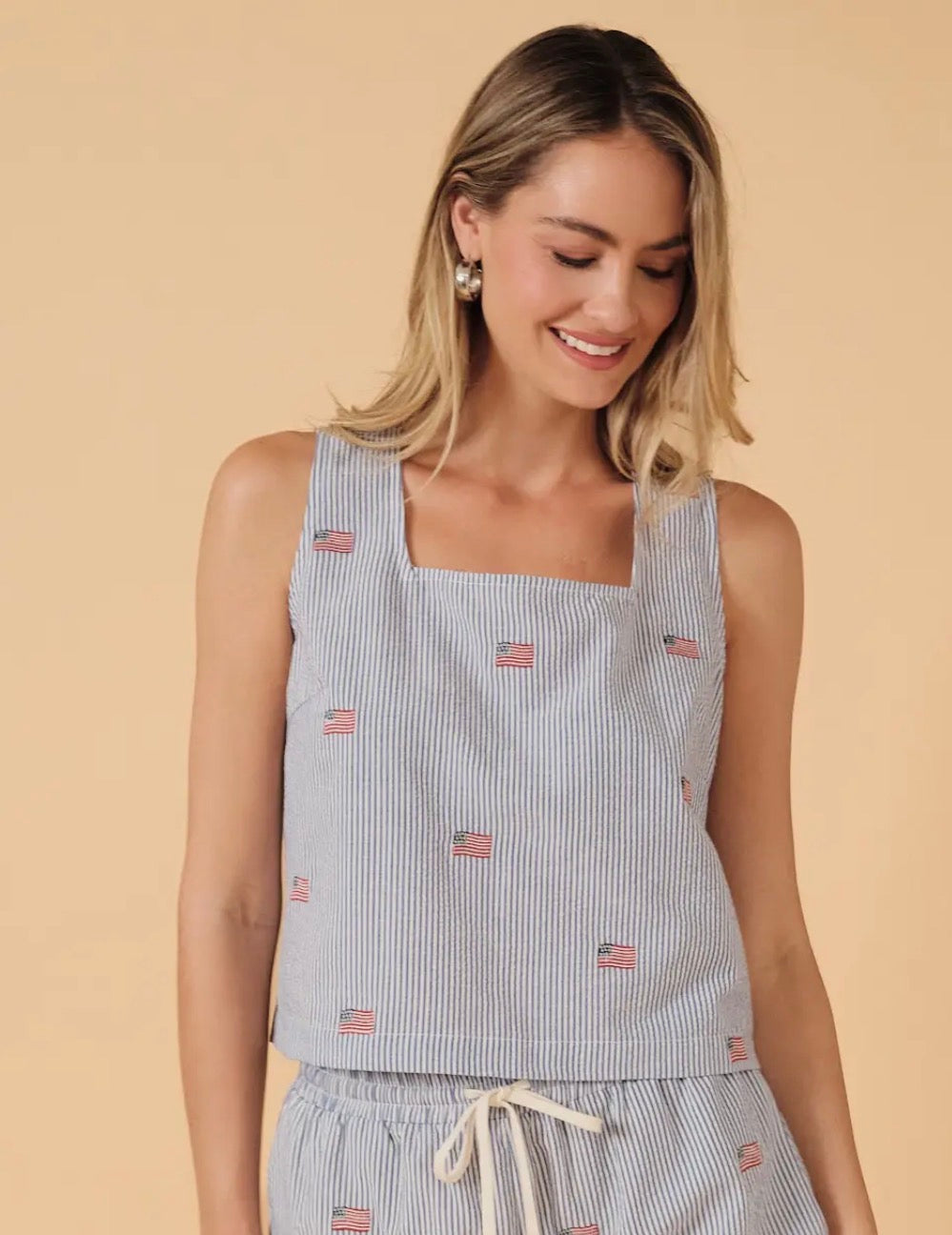 Seersucker Embroidered Flag Top