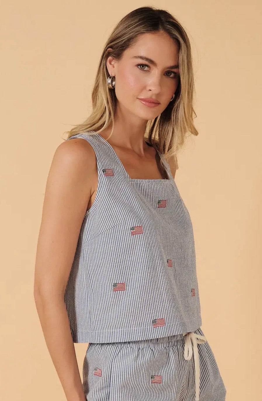 Seersucker Embroidered Flag Top