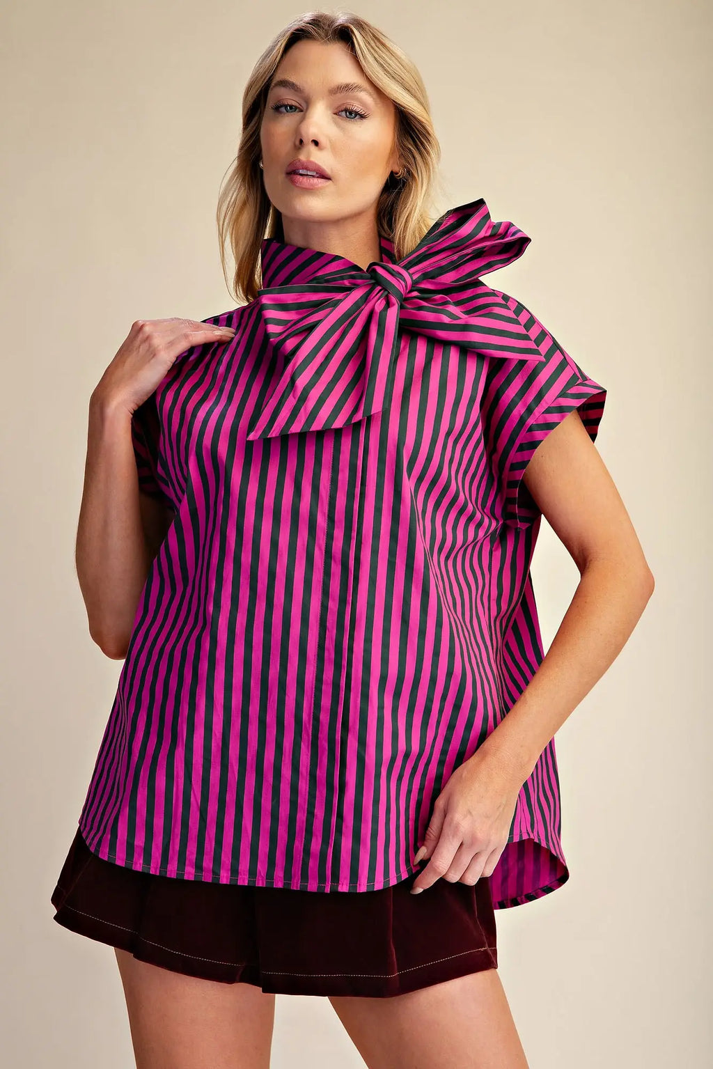 Glam Bow Neck Stripe Shirt