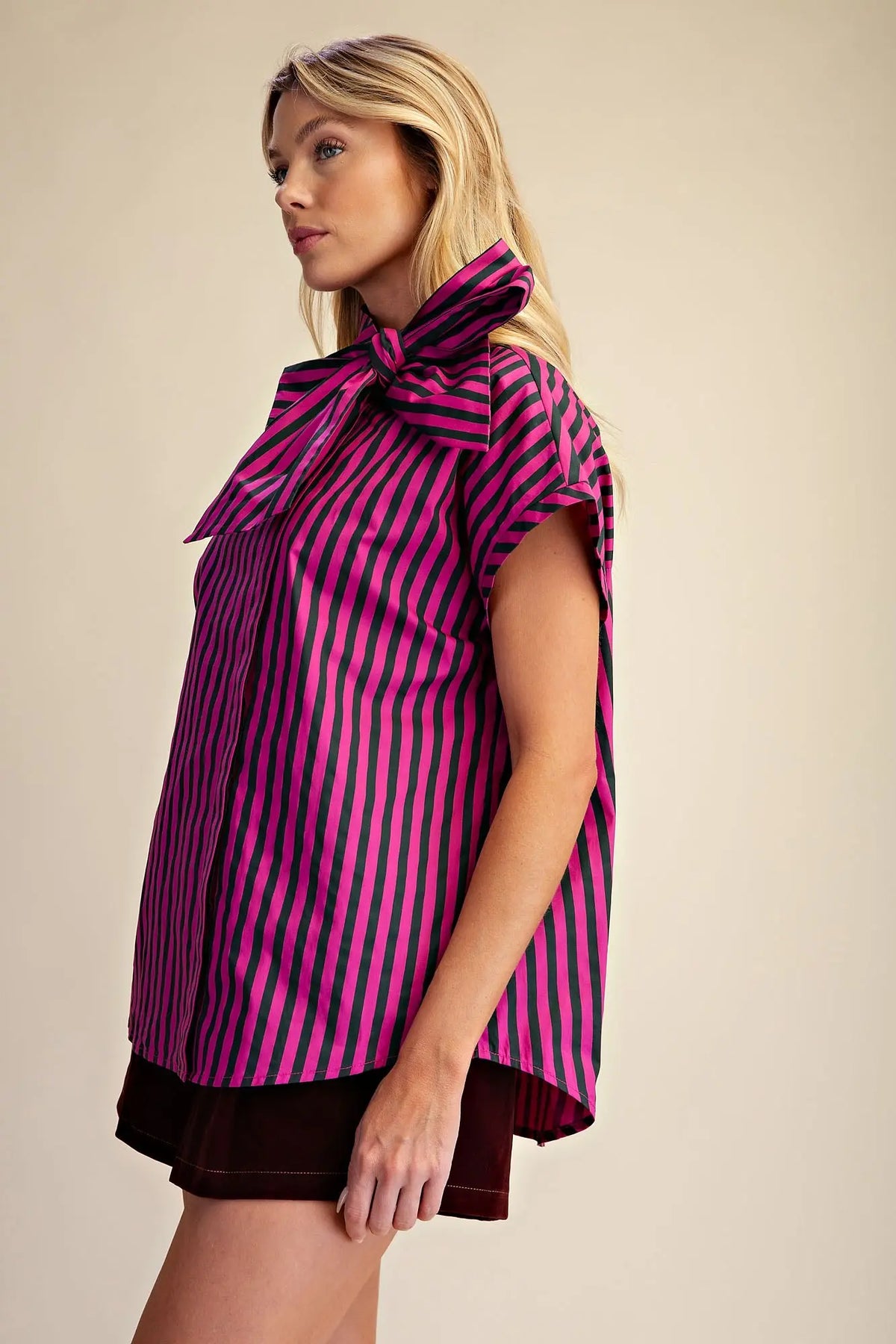 Glam Bow Neck Stripe Shirt